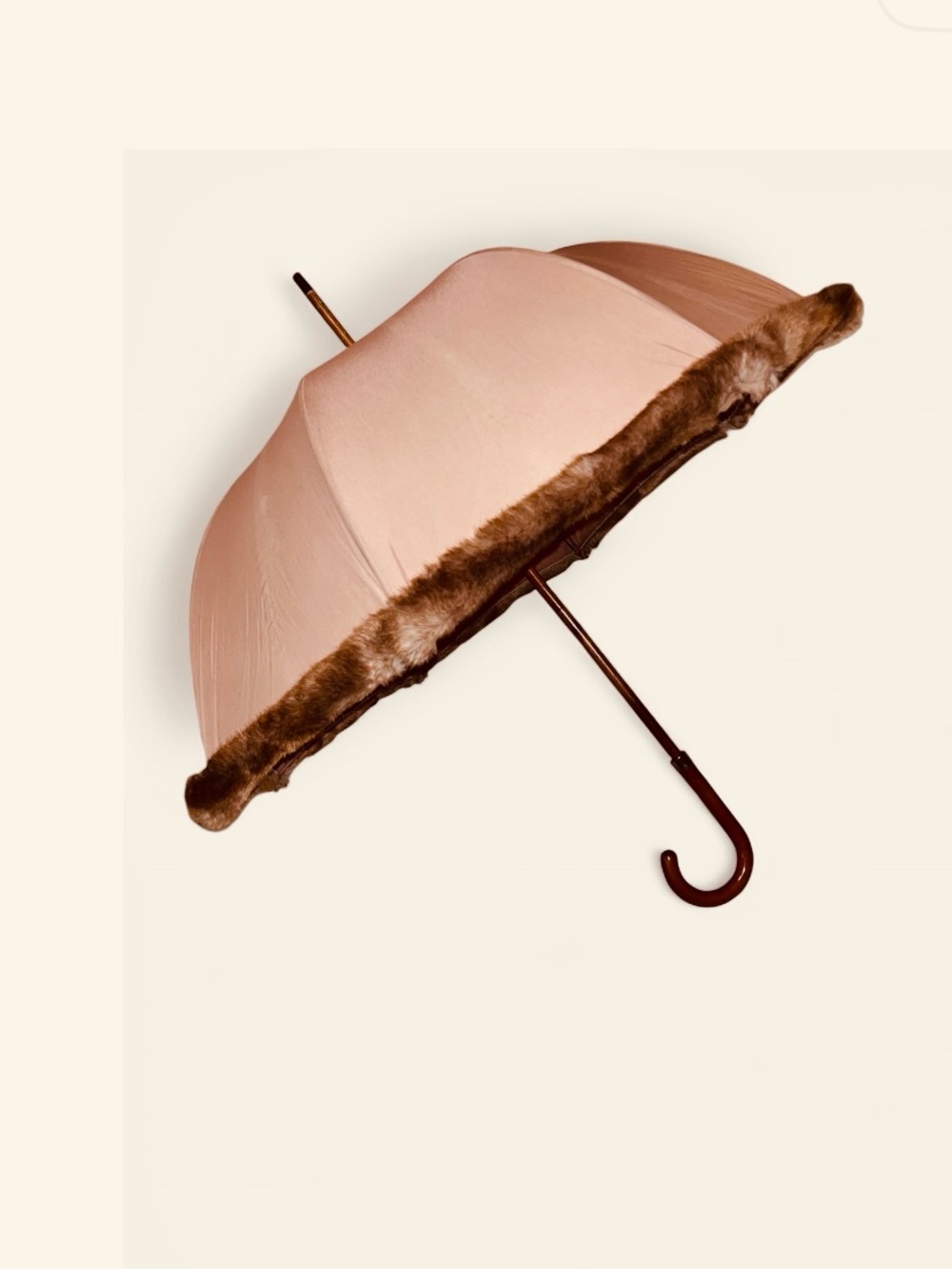 Vintage French 90’s Umbrella w Brown Faux Mink Fur Trim and Curved Wooden Handle